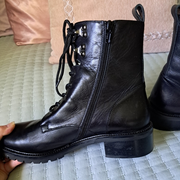 Vintage NAPOLEONI Black Leather Combat Moto Boots Zip Lace Up Italian Size 40 - Picture 10 of 13